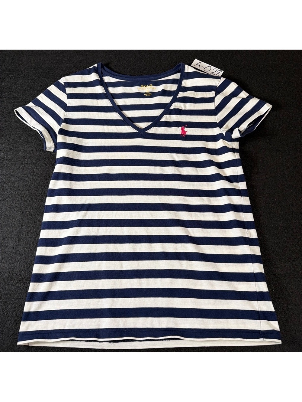 Polo Ralph Lauren Women S Navy White Striped V Neck T Shirt Pink Pony Logo
